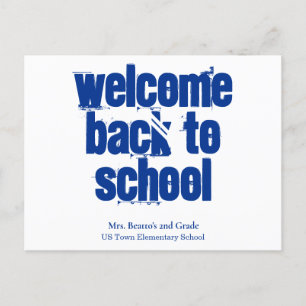Bienvenida azul de vuelta a la postal escolar