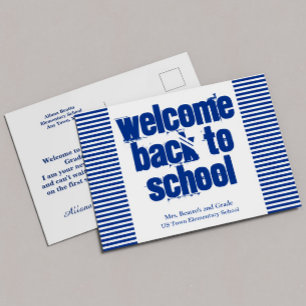 Bienvenida azul de vuelta a la postal escolar