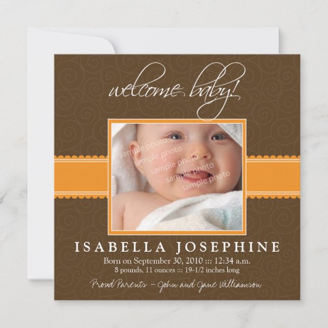 ¡Bienvenida Bebé! Anuncio de nacimiento de naranja (Anverso)