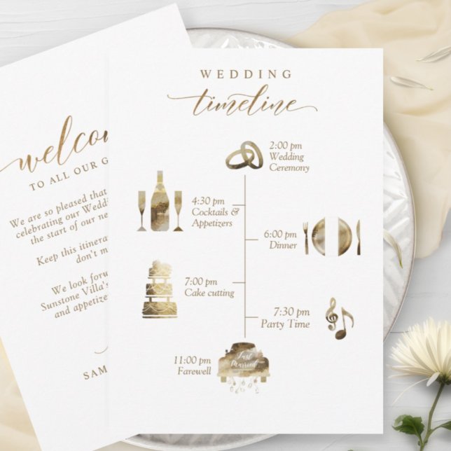 Bienvenida boda y tarjeta de tiempo blanco y oro (Subido por el creador)