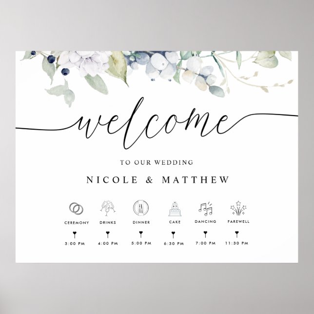 Bienvenida de Boda, Señal de Floral Azul Blanco de (Frente)