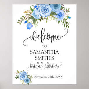 Bienvenida Ducha Nupcial Señal Floral Azul de Boda