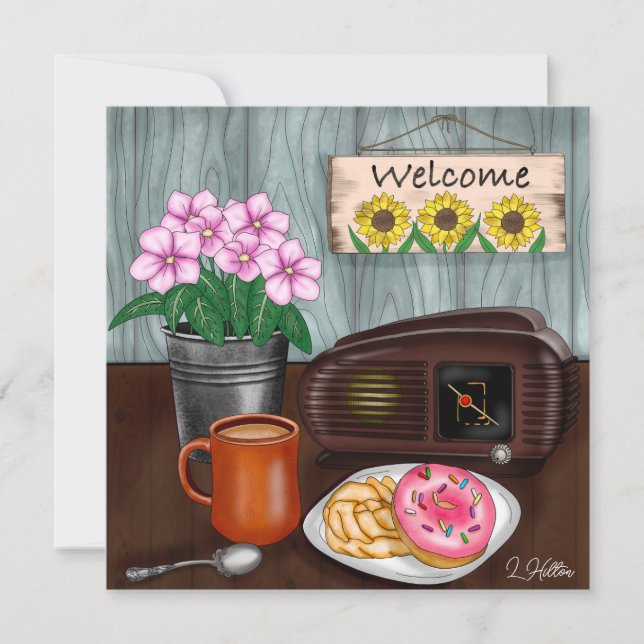 Bienvenida, girasoles, donuts y café (Anverso)