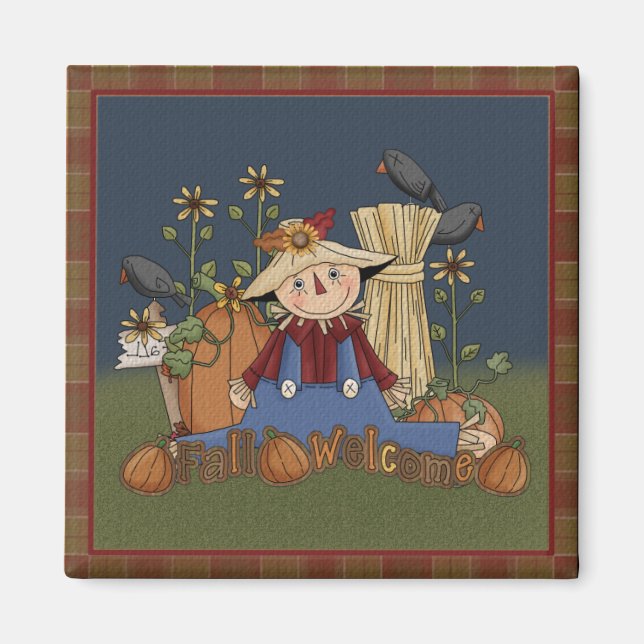 "Bienvenida otoño" Imán de espantapájaros de otoño (Frente)