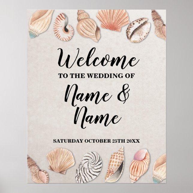Bienvenida Posters conchas Boda en Ocean Beach (Frente)