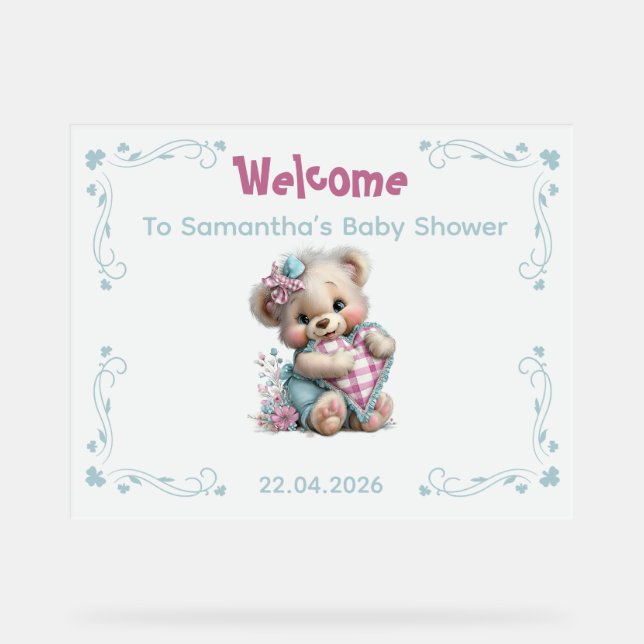 Bienvenida señal acrílica Teddy Bear Baby Shower  (Anverso)