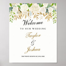 Bienvenida Señal de Boda Dorada Floral Hoja Acuare