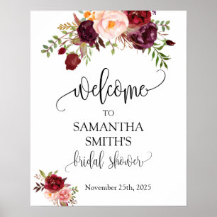 Bienvenida señal de boda floral marsala para fiest
