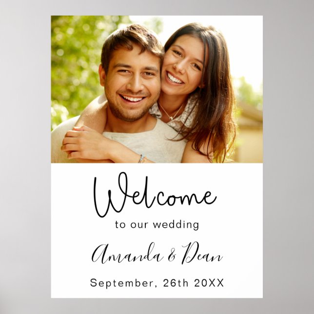 Bienvenida señal de boda foto script blanco (Frente)