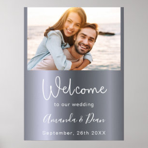 Bienvenida señal de boda guión de foto plateada