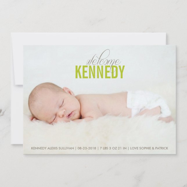 Bienvenida verde bebé foto bebé anuncio de nacimie (Anverso)