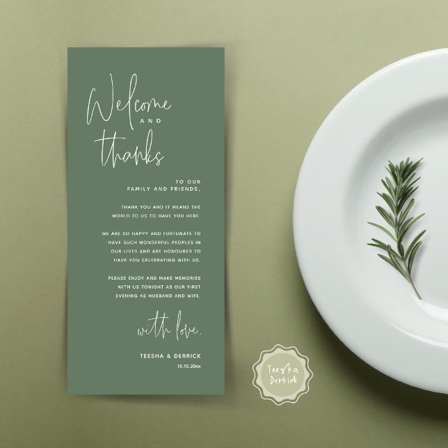Bienvenida y gracias, lugar configuración tarjeta  (Welcome and Thanks, Dinner Place Setting Thank You Card, Modern Romantic, in Forest Sage Green)