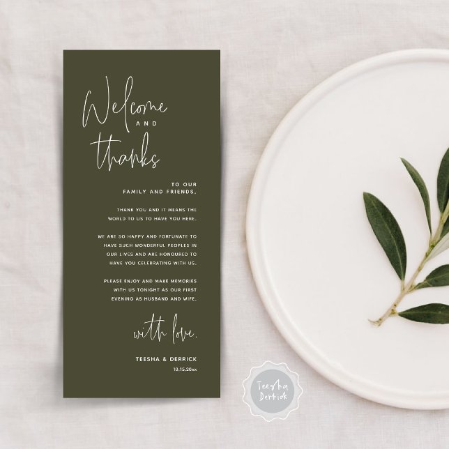Bienvenida y gracias, lugar configuración tarjeta  (Welcome and Thanks, Dinner Place Setting Thank You Card, Modern Romantic, in Olive Green)