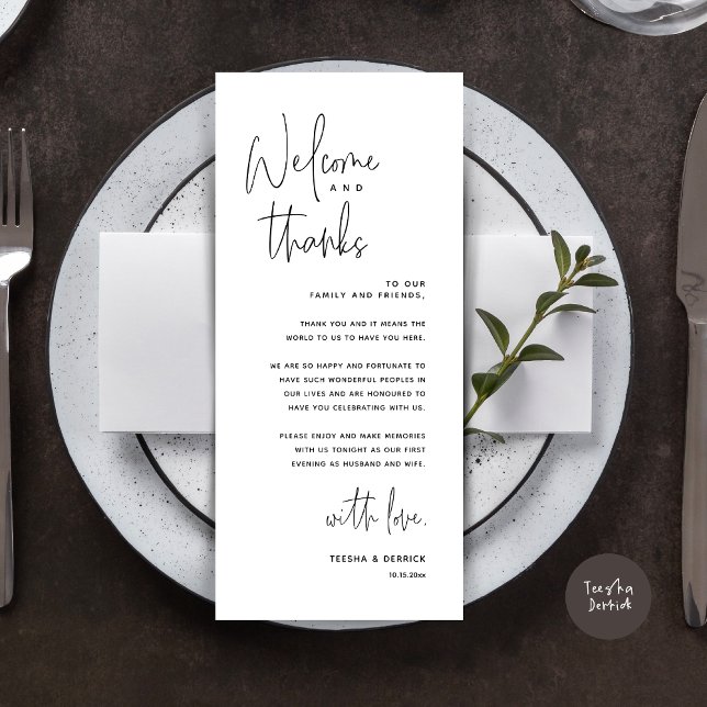 Bienvenida y gracias, lugar configuración tarjeta  (Welcome and Thanks, Dinner Place Setting Thank You Card, Modern Romantic, in Black and White)