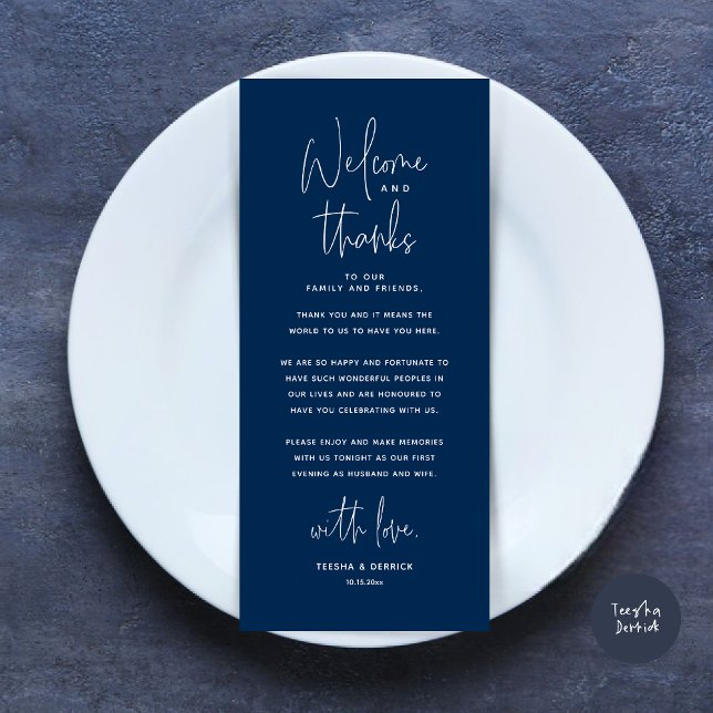 Bienvenida y gracias, lugar configuración tarjeta  (Wedding Dinner Place Setting Thank You Card, Modern Minimalist, in Navy Blue)