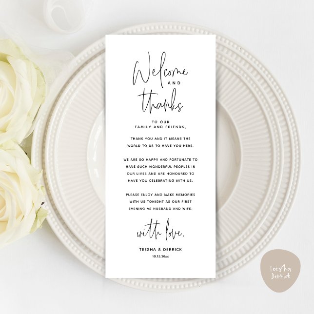 Bienvenida y gracias, lugar configuración tarjeta  (Wedding Dinner Place Setting Thank You Card, Modern Minimalist, in Black and White)
