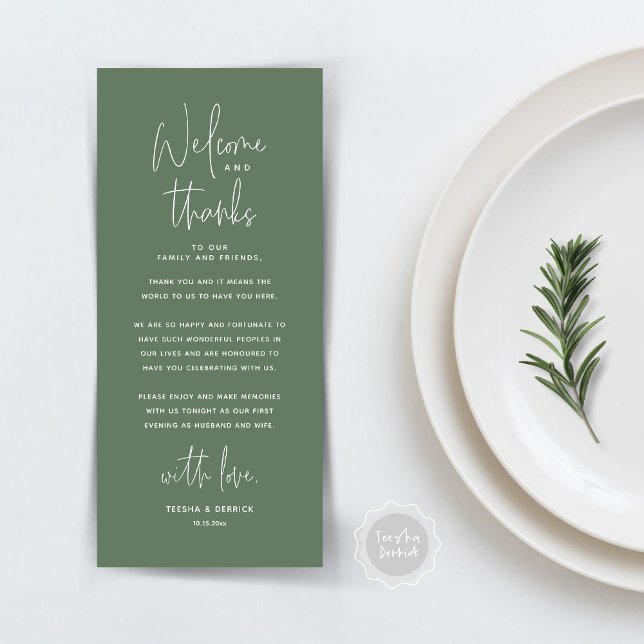 Bienvenida y gracias, lugar configuración tarjeta  (Wedding Dinner Place Setting Thank You Card, Welcome and Thanks, in Sage Green)