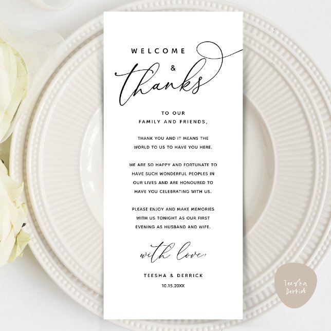 Bienvenida y gracias, lugar configuración tarjeta  (Welcome and Thanks, Wedding Dinner Place Setting Thank You Card in Classy Black White)