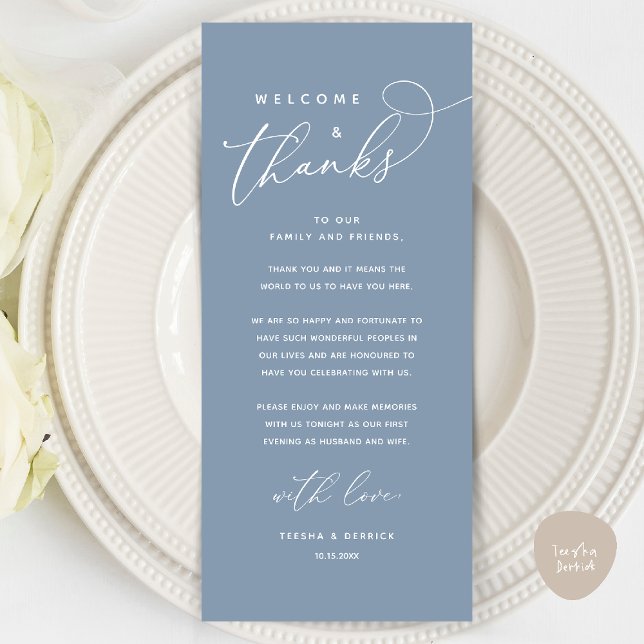 Bienvenida y gracias, lugar configuración tarjeta  (Welcome and Thanks, Wedding Dinner Place Setting Thank You Card in Classy Dusty Blue)