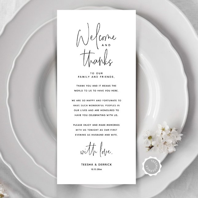 Bienvenida y gracias, lugar configuración tarjeta  (Welcome and Thanks,  Wedding Place Setting Thank You Card, Dinner Place Decor, Online Editable)