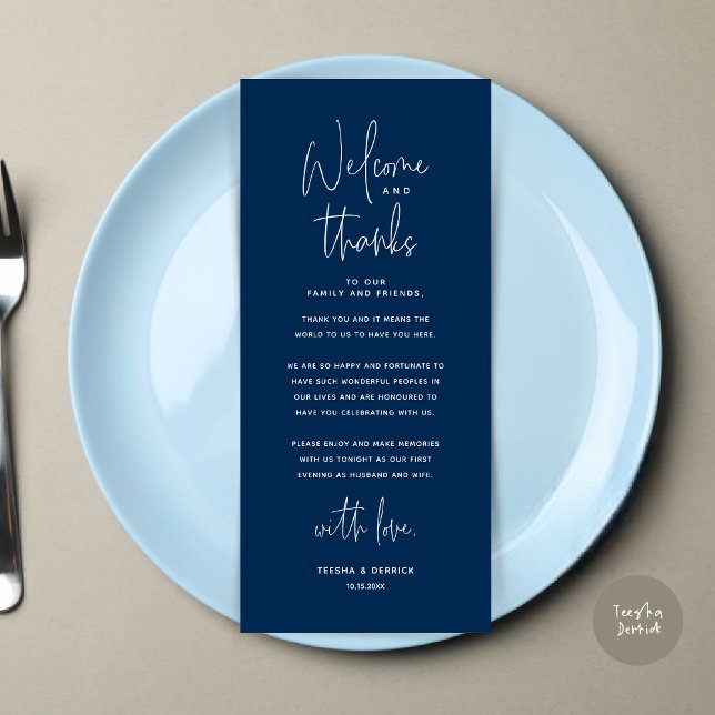 Bienvenida y gracias, lugar configuración tarjeta  (Welcome and Thanks, Modern Dinner Place Setting Thank You Card, in Navy Blue)