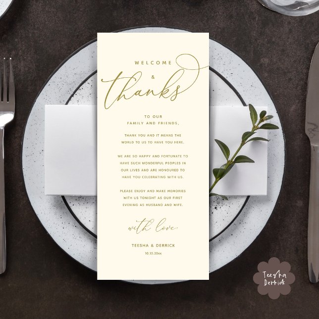 Bienvenida y gracias, lugar configuración tarjeta  (Welcome and Thanks, Modern Wedding Dinner Brunch Lunch Place Setting Thank You Card in Yellow Gold)