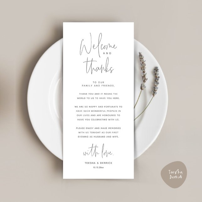 Bienvenida y gracias, lugar configuración tarjeta  (Welcome and Thanks, Place Setting Thank You Dinner Party Card in Dark Grey)