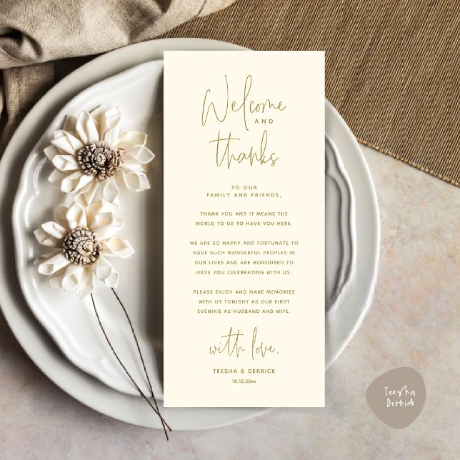 Bienvenida y gracias, lugar configuración tarjeta  (Welcome and Thanks, Place Setting Thank You Dinner Party Card in Yellow Gold)