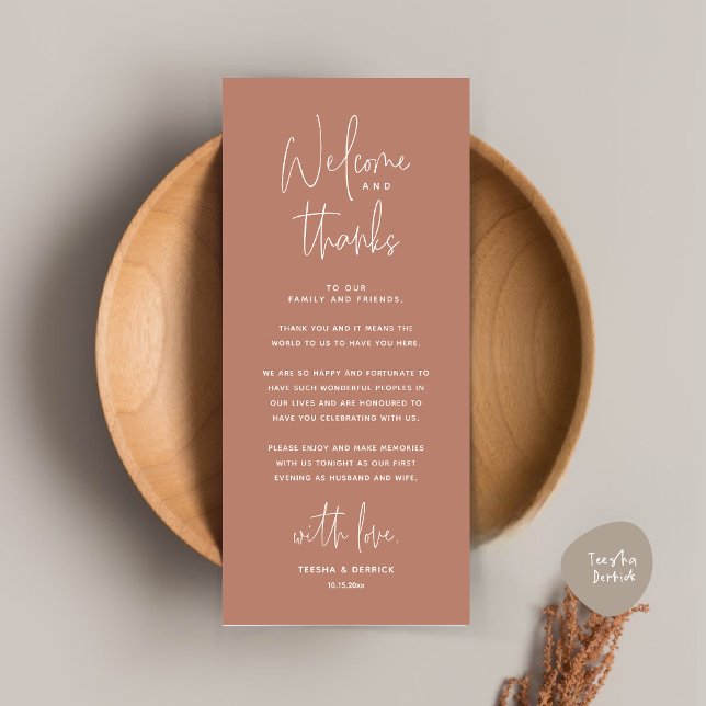 Bienvenida y gracias, lugar configuración tarjeta  (Welcome and Thanks, Place Setting Thank You Dinner Party Card in Terracotta Earthy Brown)