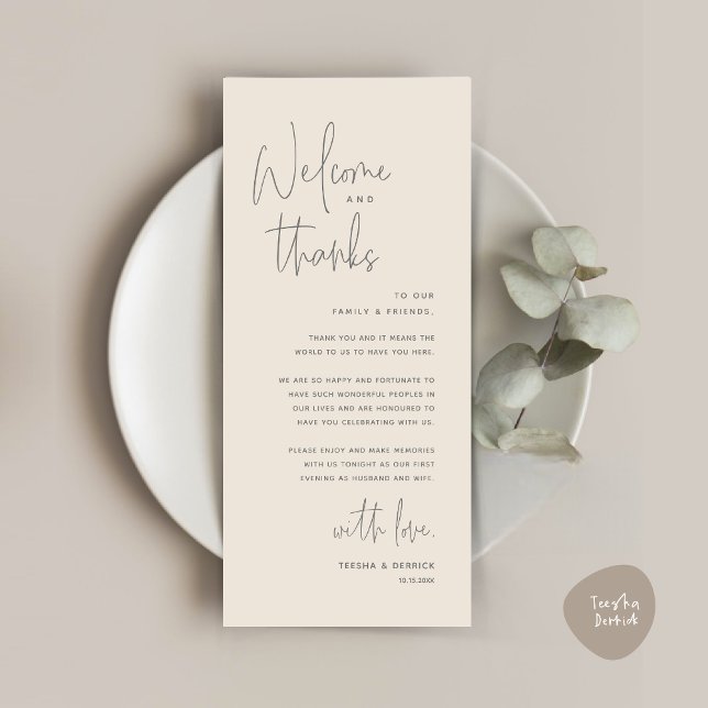 Bienvenida y gracias, lugar configuración tarjeta  (Welcome and Thanks, Wedding Dinner Place Setting Thank You Card in Dark Grey Cream)