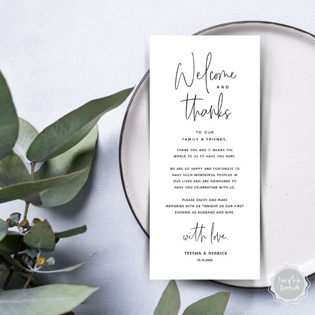 Bienvenida y gracias, lugar configuración tarjeta  (Welcome and Thanks, Wedding Dinner Place Setting Thank You Card in Black and White)