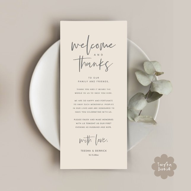 Bienvenida y gracias, lugar configuración tarjeta  (Welcome and Thanks, Modern Wedding Dinner Brunch Party Place Setting Thank You Card Cream Grey)