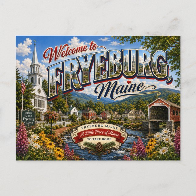 Bienvenido a Fryeburg Maine Tarjeta Postal Nostálg (Anverso)
