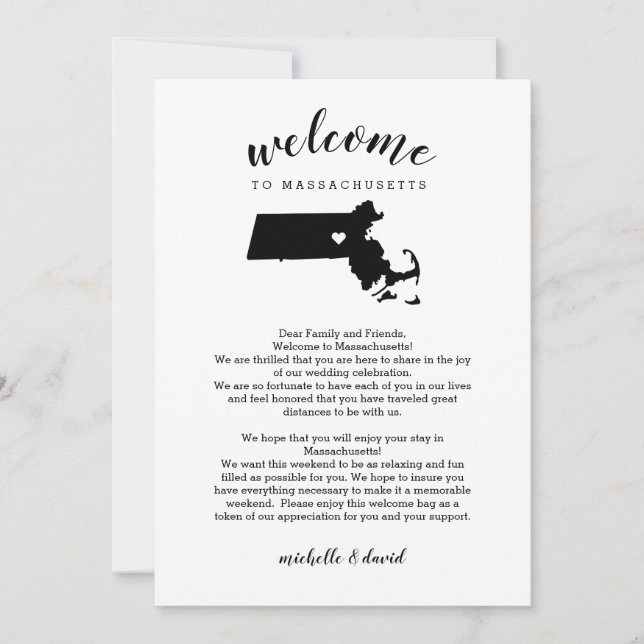 Bienvenido a la carta Boda de Massachusetts Itiner (Anverso)