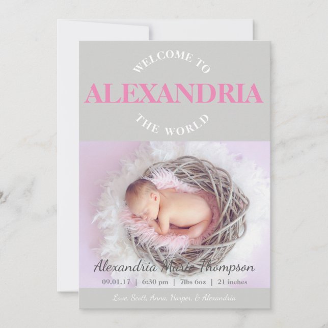 Bienvenido al anuncio del nacimiento gris rosado d (Anverso)
