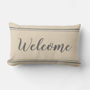 Bienvenido Gris y almohada de rayas beiges