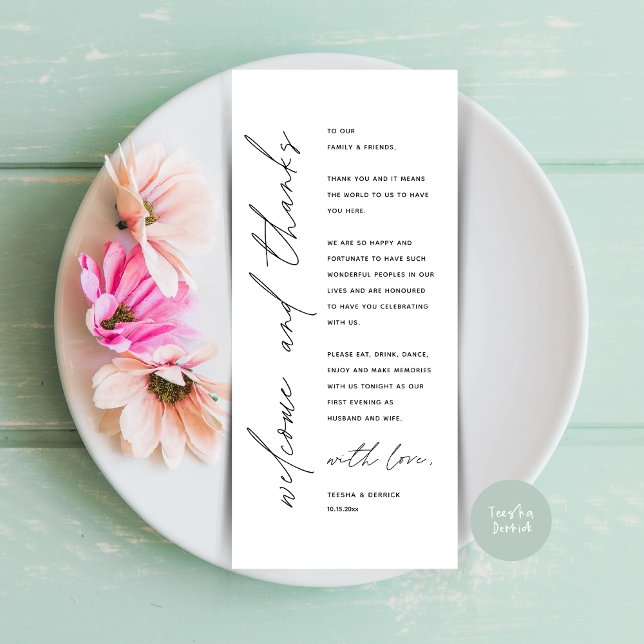 Bienvenido y gracias Boda Cena - Tarjeta de agrade (Welcome and Thanks, Wedding Dinner Place Setting Thank You Card in Modern Classy White Black)