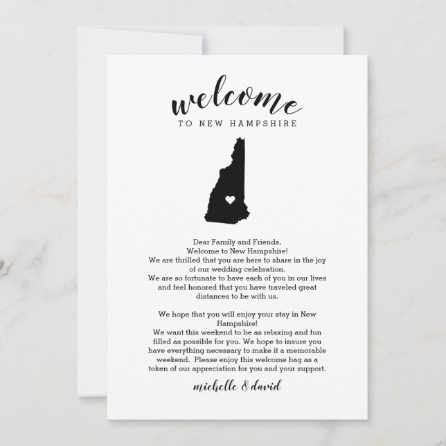 Bienvenidos a la carta Boda de New Hampshire Itine (Anverso)