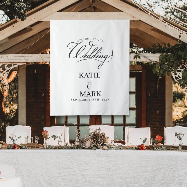 Bienvenidos a nuestra señal de tela de caligrafía  (Welcome To Our Wedding Calligraphy Fabric Sign Tapestry)