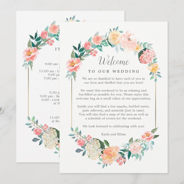Bienvenidos A Rubor Floral Boda Y Tarjeta Itinerar (Anverso / Reverso)