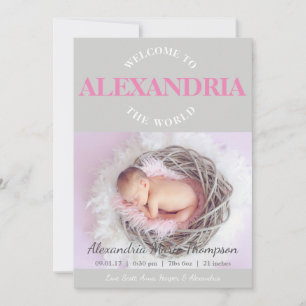Bienvenidos al Anuncio de Nacimiento gris rosa del