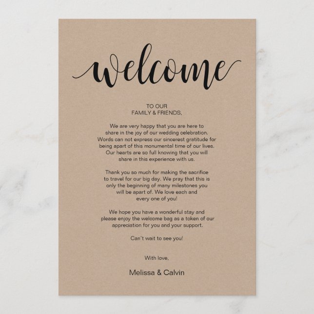 Bienvenidos Bodas de Kraft rústico y tarjeta tiner (Anverso)