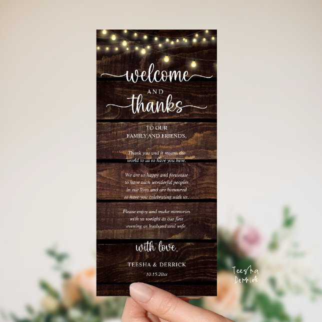 "Bienvenidos y Gracias" Tarjeta de Invitado para R ("Welcome and Thanks" Rustic Reception dinner Guest thank you Card in string lights brown wood)