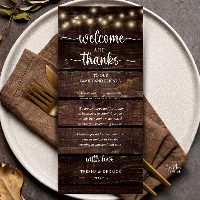 "Bienvenidos y Gracias" Tarjeta de Invitado para R ("Welcome and Thanks" Rustic Reception dinner Guest thank you Card in string lights brown wood)