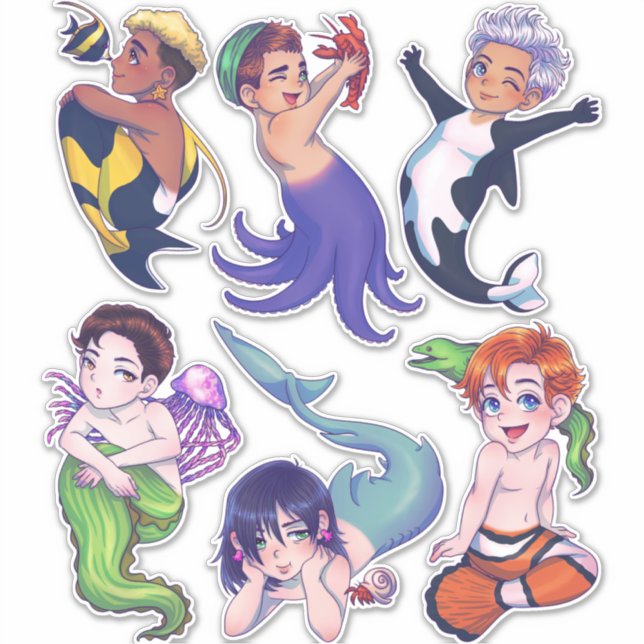 BIG CHIBI Merman Mermaid Sea Creaturas Pegatinas (Anverso)