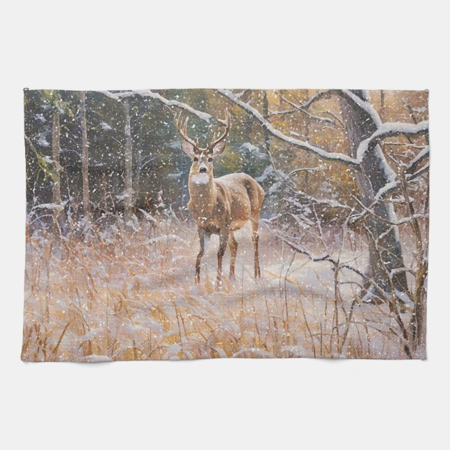 Big Deer Buck in Snow Cayendo toalla de cocina de  (Horizontal)