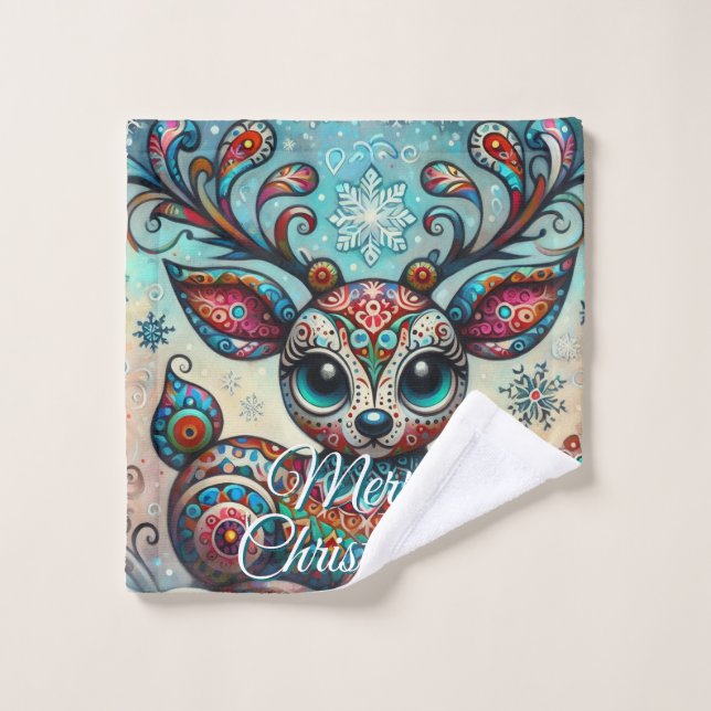 Big Eye Christmas Reindeer Folk Art Personalized (Toallita)