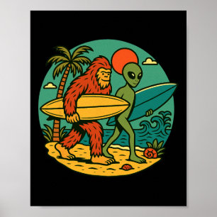 Bigfoot y Alien Surfing Arte de Playa Vintage Surf