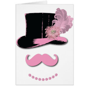 Bigote, sombrero de copa, plumas, y flor rosados
