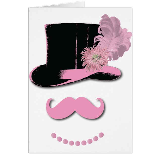 Bigote, sombrero de copa, plumas, y flor rosados (Frente)